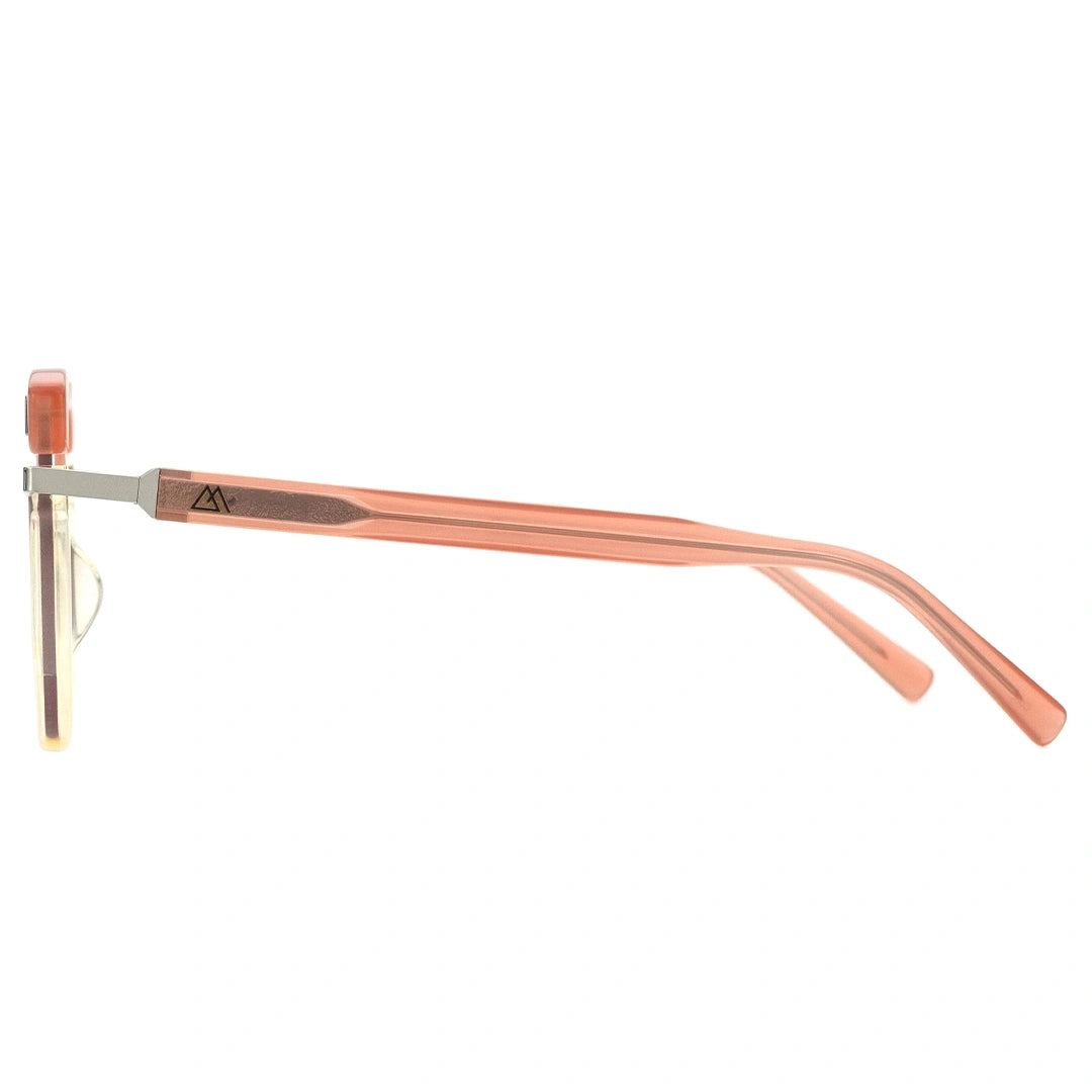 A pair of trendy two-tone geometric sunglasses with a orange frame and transparent lenses.