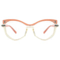 A pair of trendy two-tone geometric sunglasses with a orange frame and transparent lenses.