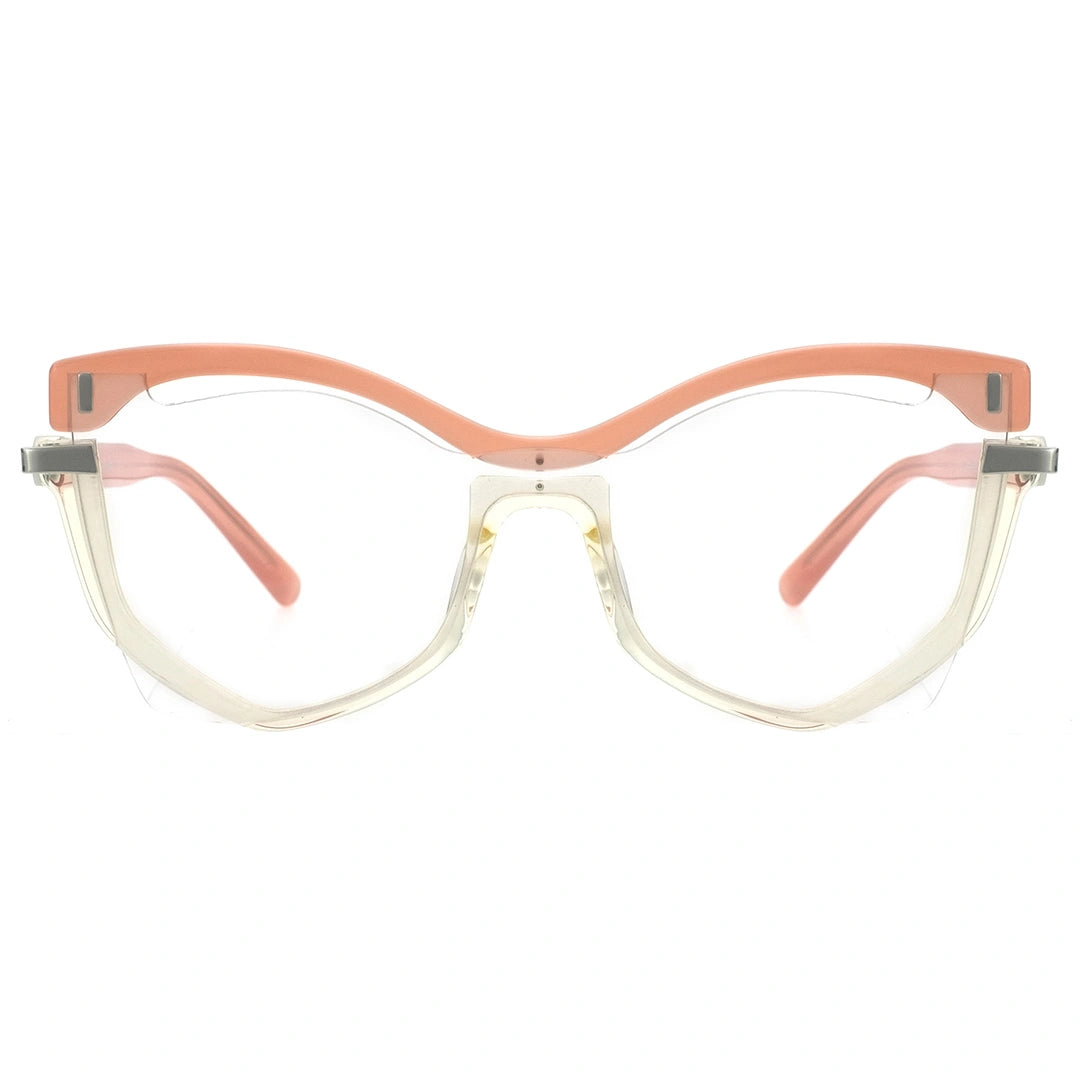 A pair of trendy two-tone geometric sunglasses with a orange frame and transparent lenses.