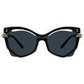 A pair of geometric sunglasses with a sleek design. The frames appear to be black with gold accents, and they have dark lenses.