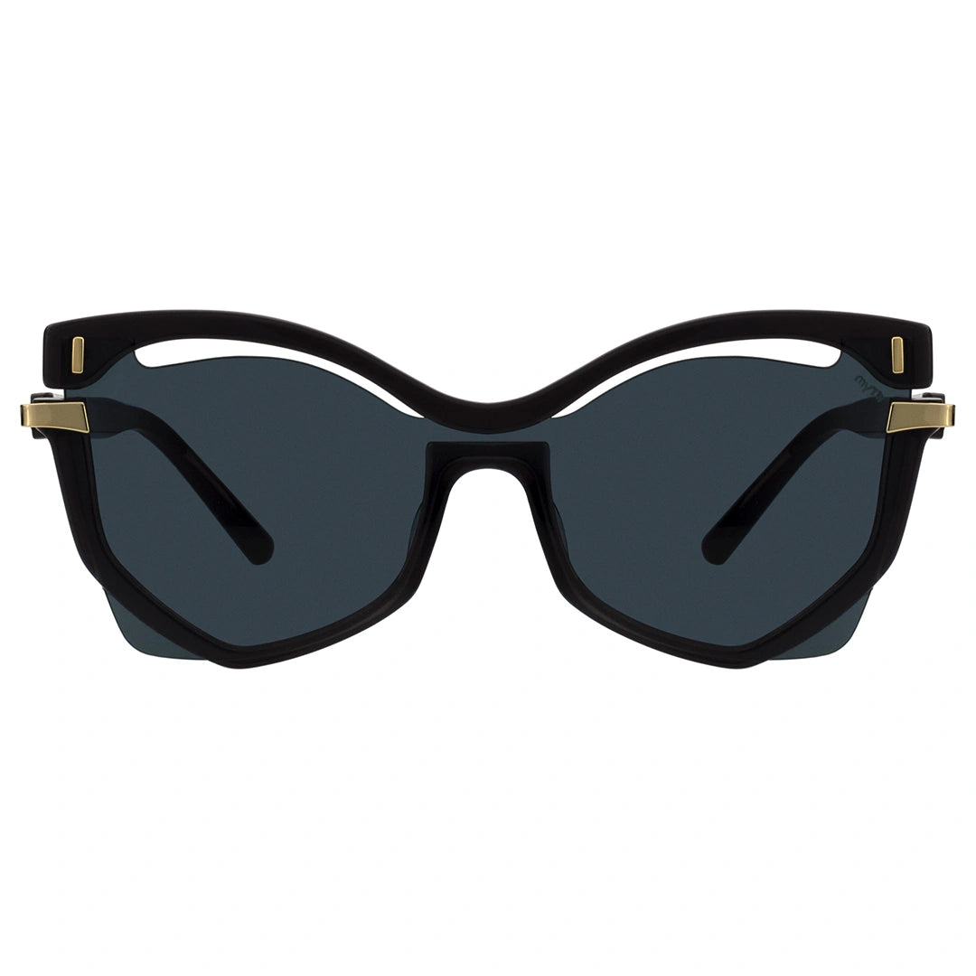 A pair of geometric sunglasses with a sleek design. The frames appear to be black with gold accents, and they have dark lenses.