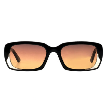 Narrow rectangle Sunglasses with black frame and orange-tinted lenses