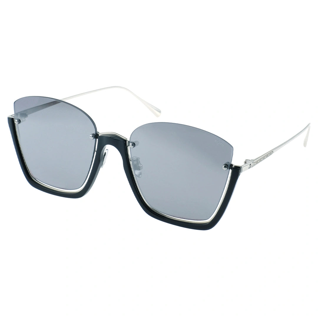 rectangle sunglasses with black bottom rim and silver lenses
