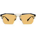 Gold sunglasses with black frames on a white background