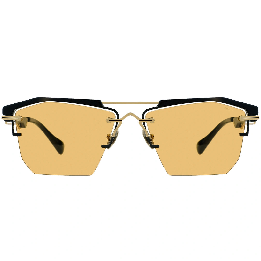 Gold sunglasses with black frames on a white background