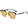 Gold sunglasses with black frames on a white background