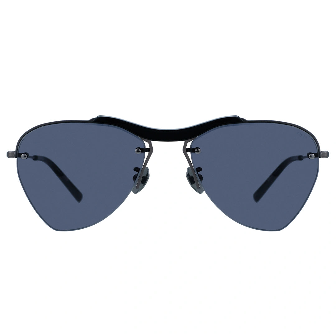 rimless aviator sunglasses with dark lenses