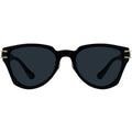 Black sunglasses with gold accents on a white background