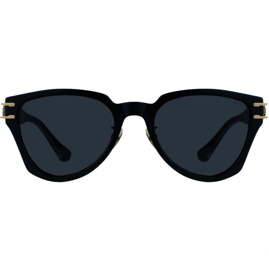 Black sunglasses with gold accents on a white background
