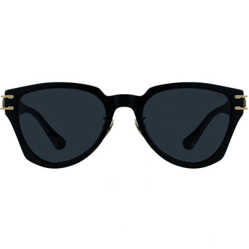Black sunglasses with gold accents on a white background