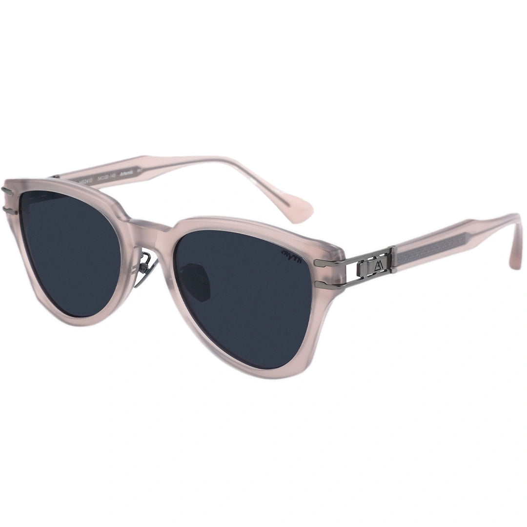 Sunglasses with pink frame and dark lenses on a white background