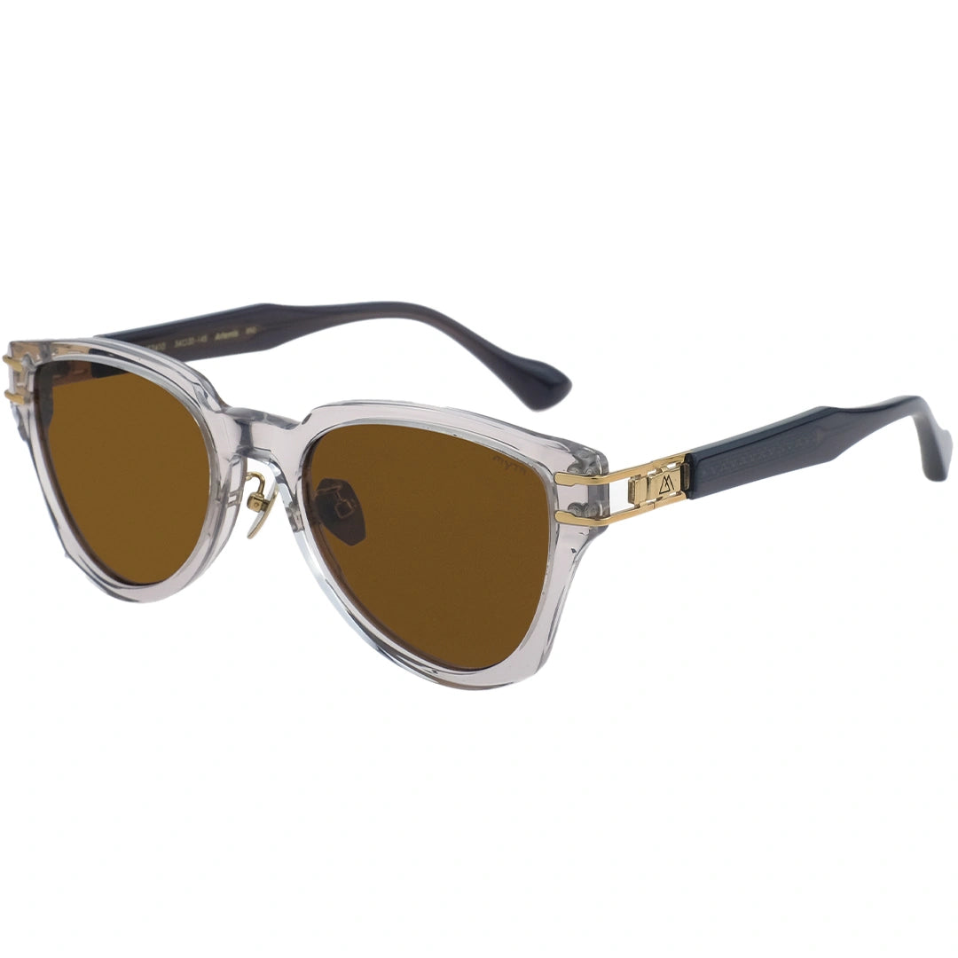 Sunglasses with clear frame and brown lenses on a white background