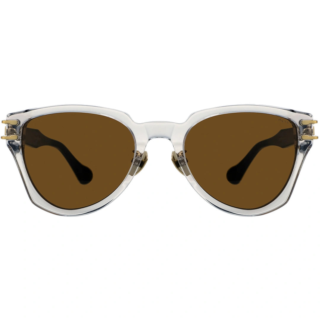 Sunglasses with clear frame and brown lenses on a white background
