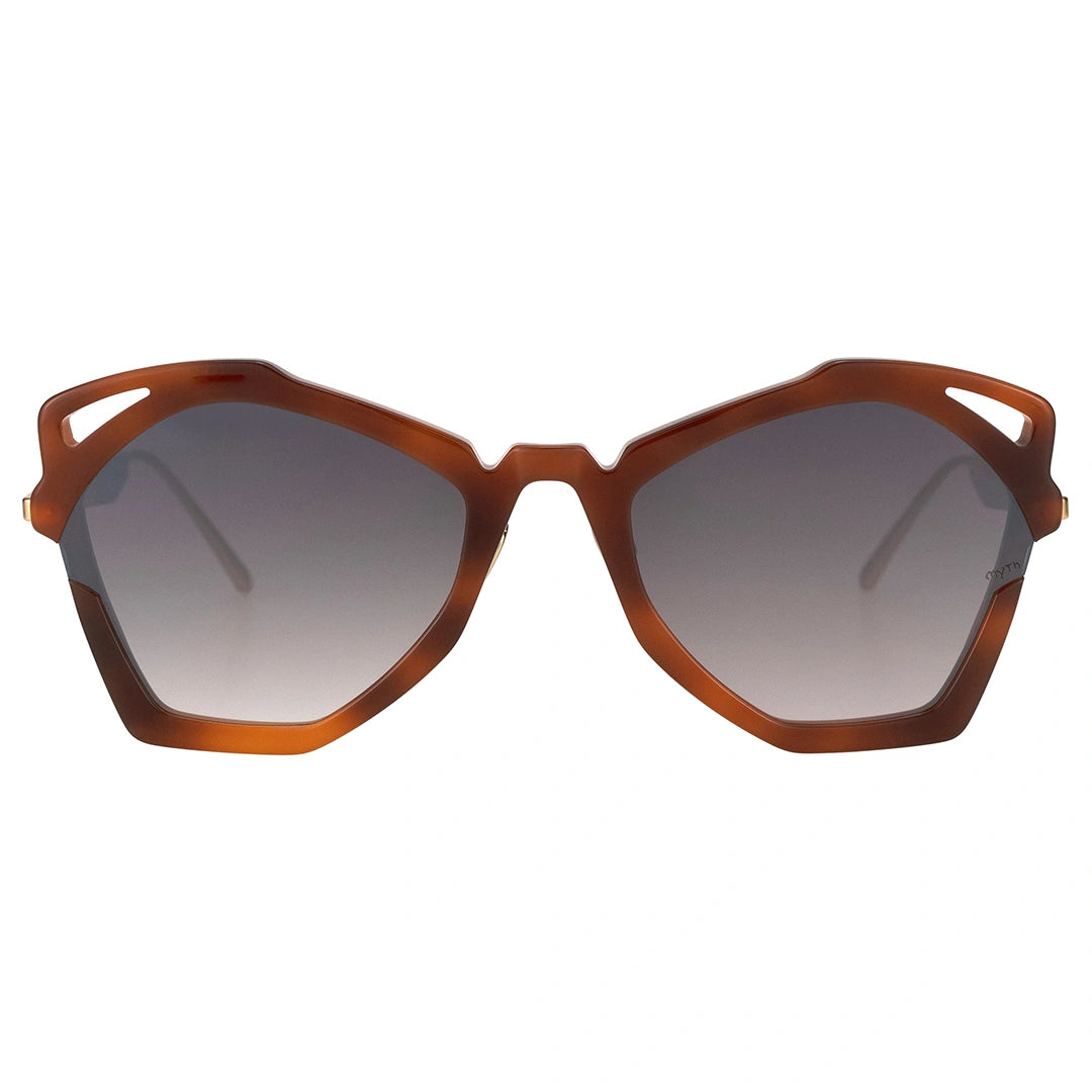 MYTH GREECE WAKER clear sunglasses geometric cat eye shape  and brown frame gold metal temple with adjustable nose pad mens and womens