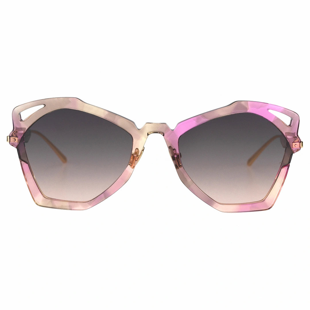 MYTH GREECE WAKER clear sunglasses geometric cat eye shape  and pink marble frame gold metal temple with adjustable nose pad mens and womens