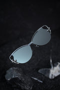 MYTH Greece retro cat eye mirror sunglasses. Womens laides transparent retro 70s butterfly shape sunglasses with snake shape rim decoration. thin  silver metal frame, elegant vibe