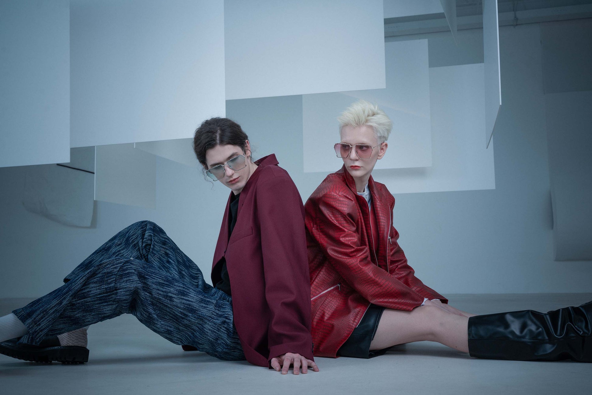 models in MYTH GREECE EPHESUS geometric pink and green sunglasses square metal frame mens and womens chic fashion avant-garde urban