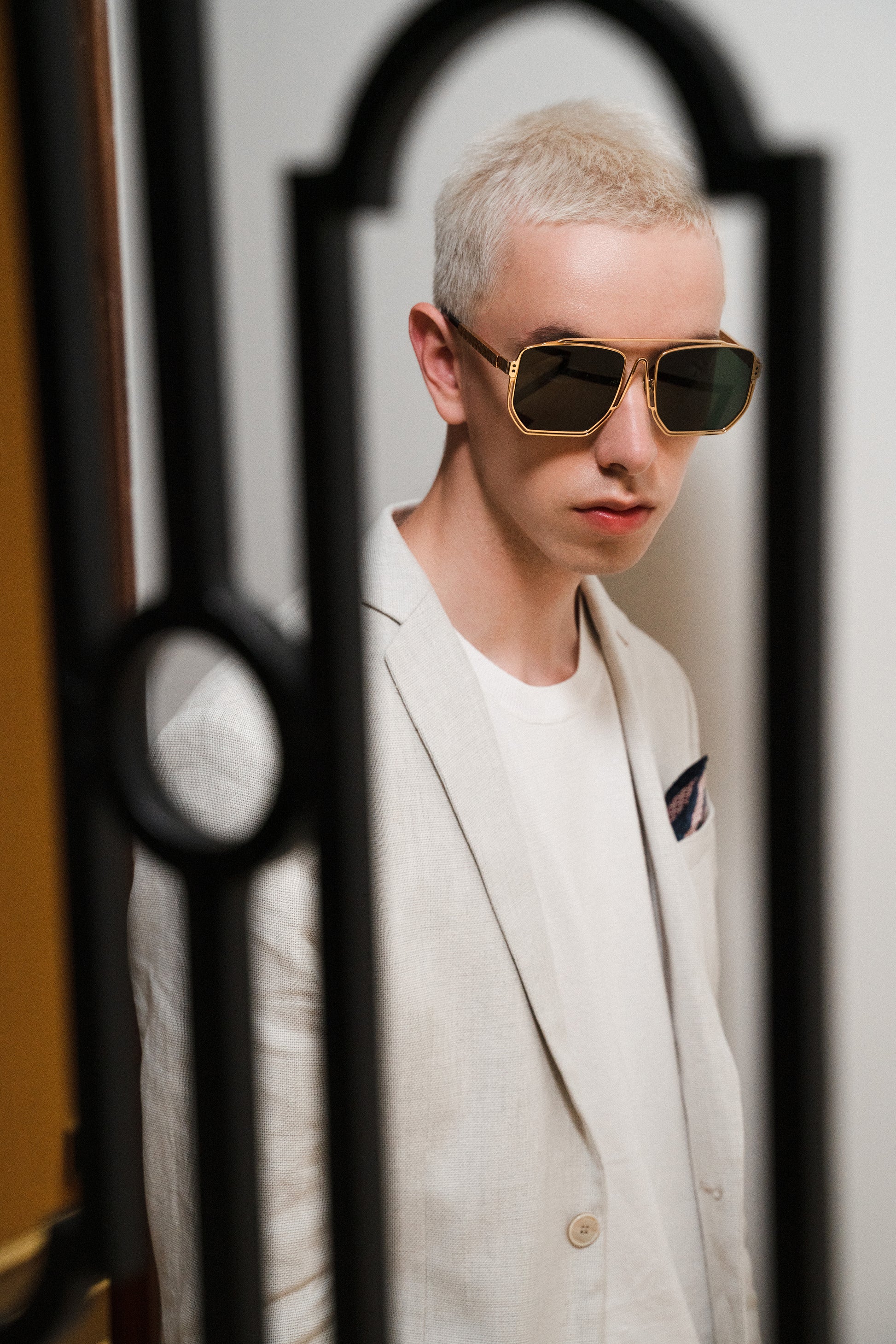 male in MYTH GREECE ORION oversized dark lens square sunglasses metal frame with Inverted V bridge, double bridge, gold metal frame sunglasses mens and womens sleek and elegant