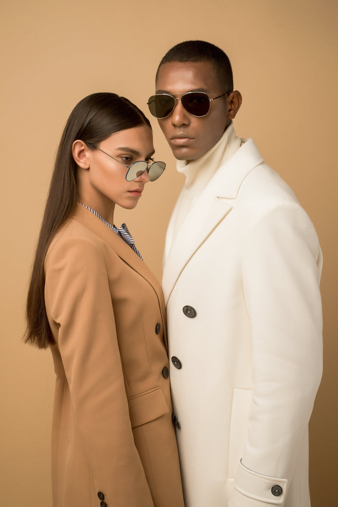 models wearing mirror sunglasses and aviator sunglasses