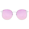 Sunglasses with pink lenses and white frames on a white background