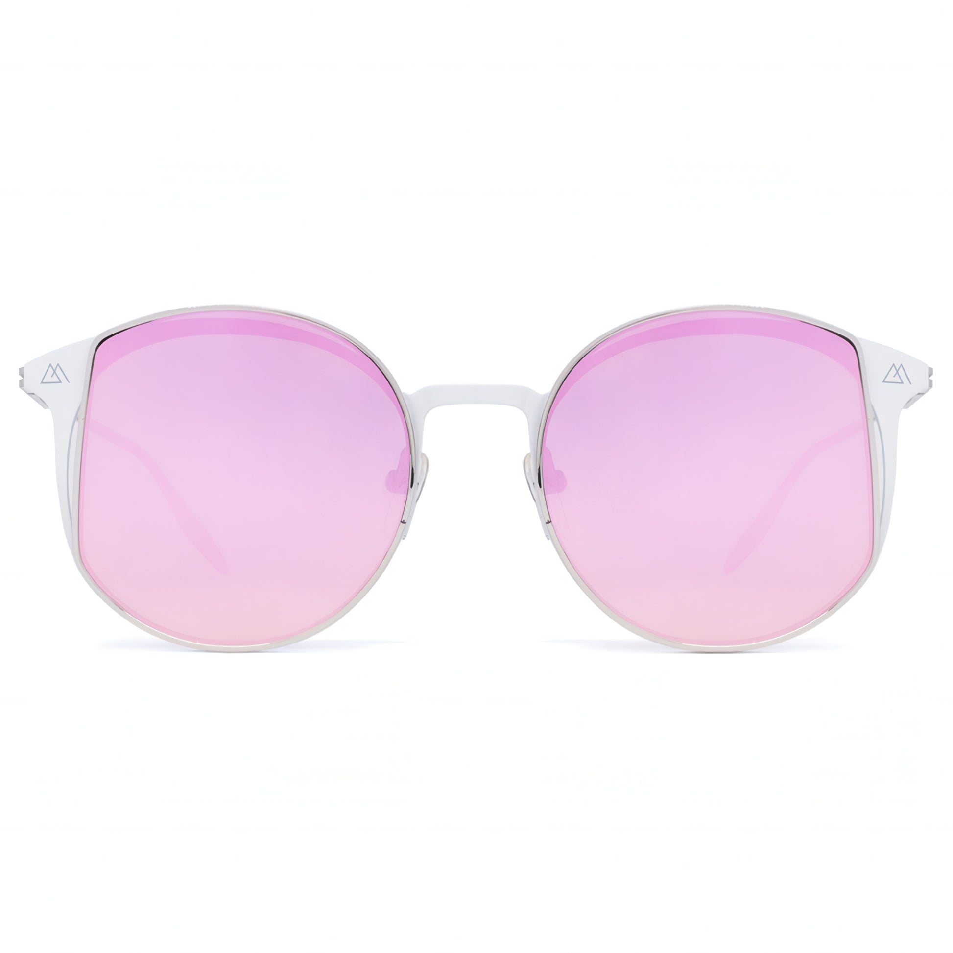 Sunglasses with pink lenses and white frames on a white background