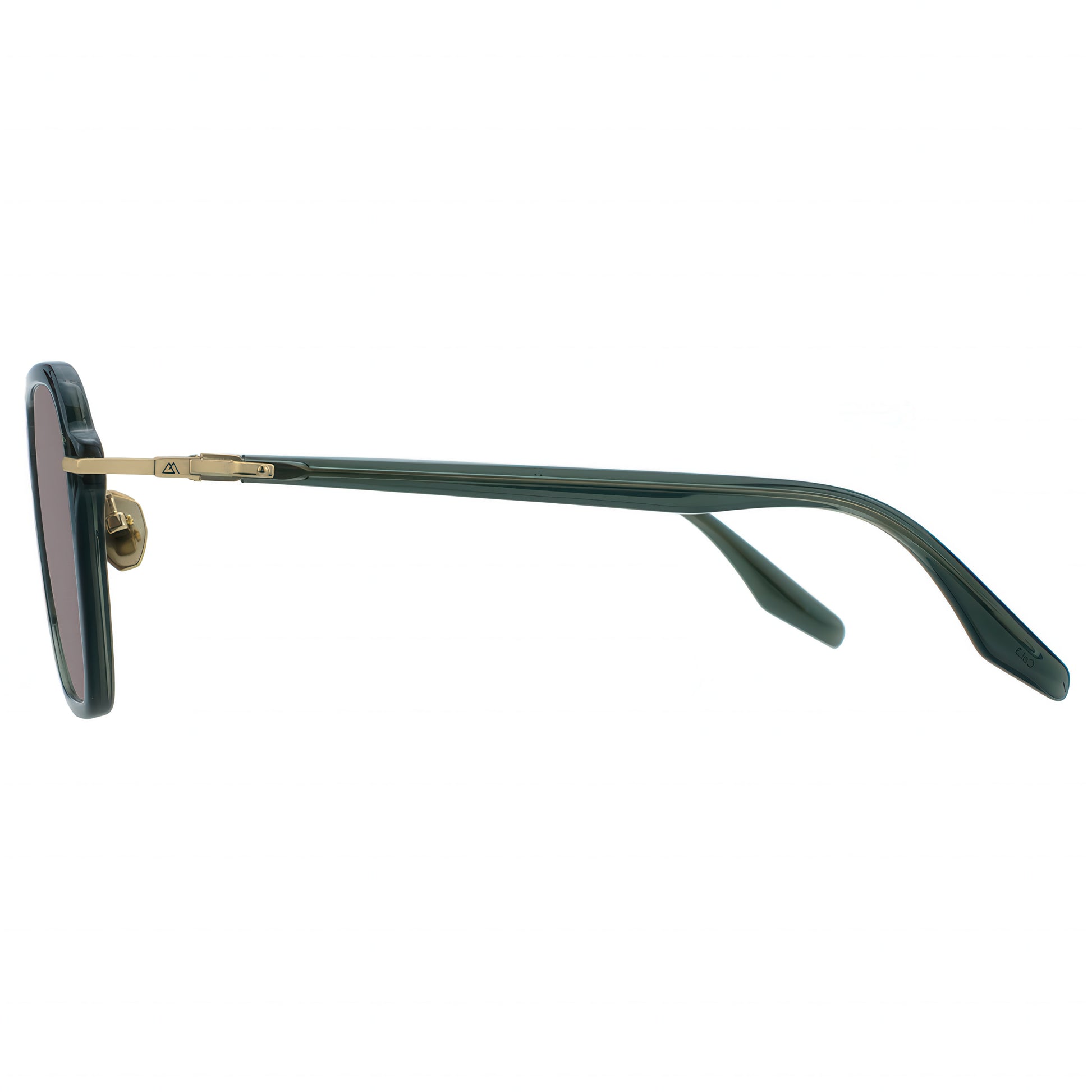 Sunglasses with green frame and dark lenses on a white background