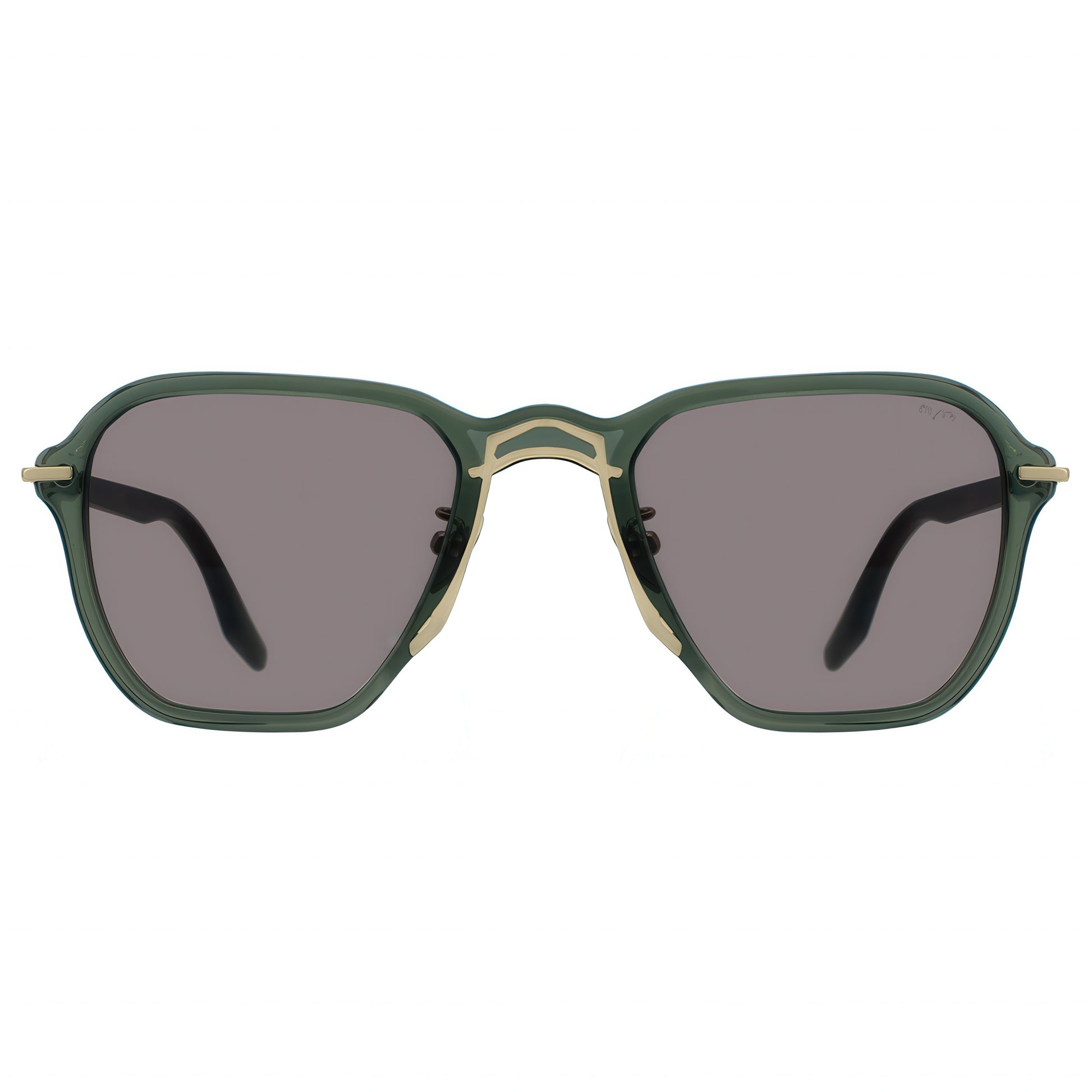 Sunglasses with green frame and dark lenses on a white background