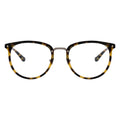 A pair of oval eyeglasses with a tortoise patterned frame and transparent lenses, featuring a metallic browline.