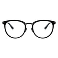 A pair of oval eyeglasses with a black frame 
