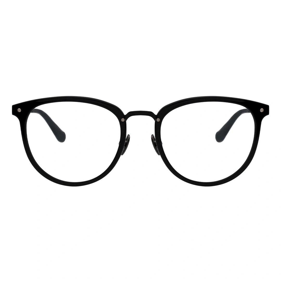 A pair of oval eyeglasses with a black frame 