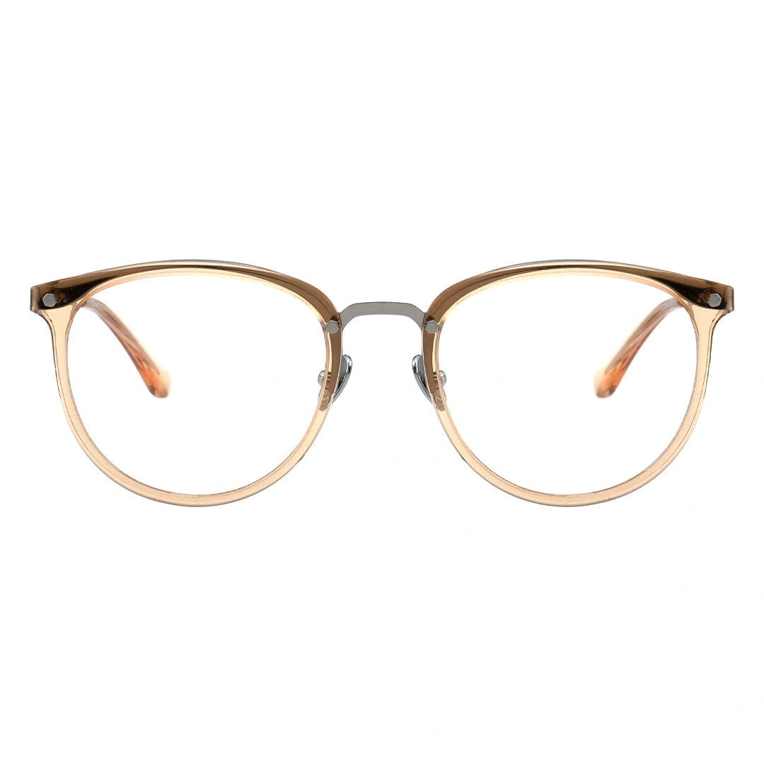 a pair of oval eyeglasses with a with clear frame 