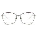A pair of Browline eyeglasses with a metallic frame, featuring clear lenses and a shape that is a blend of square and irregular forms.