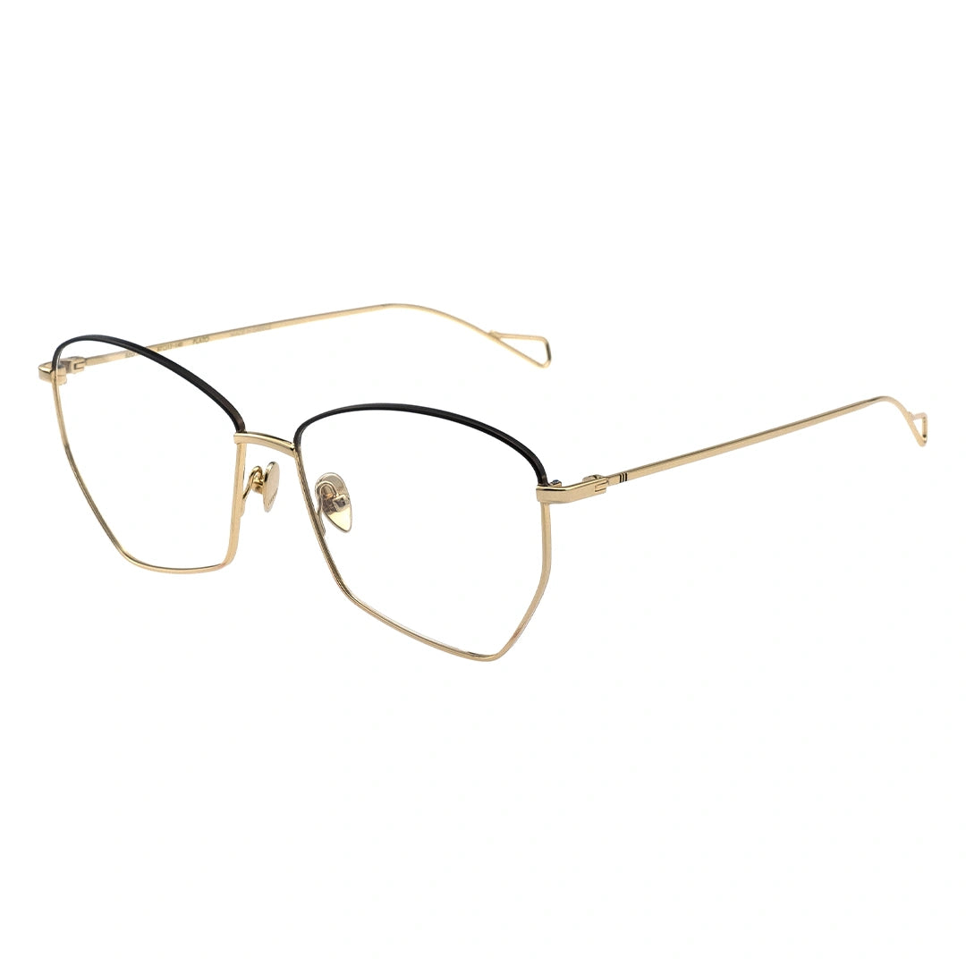 A pair of Browline eyeglasses with a gold frame.