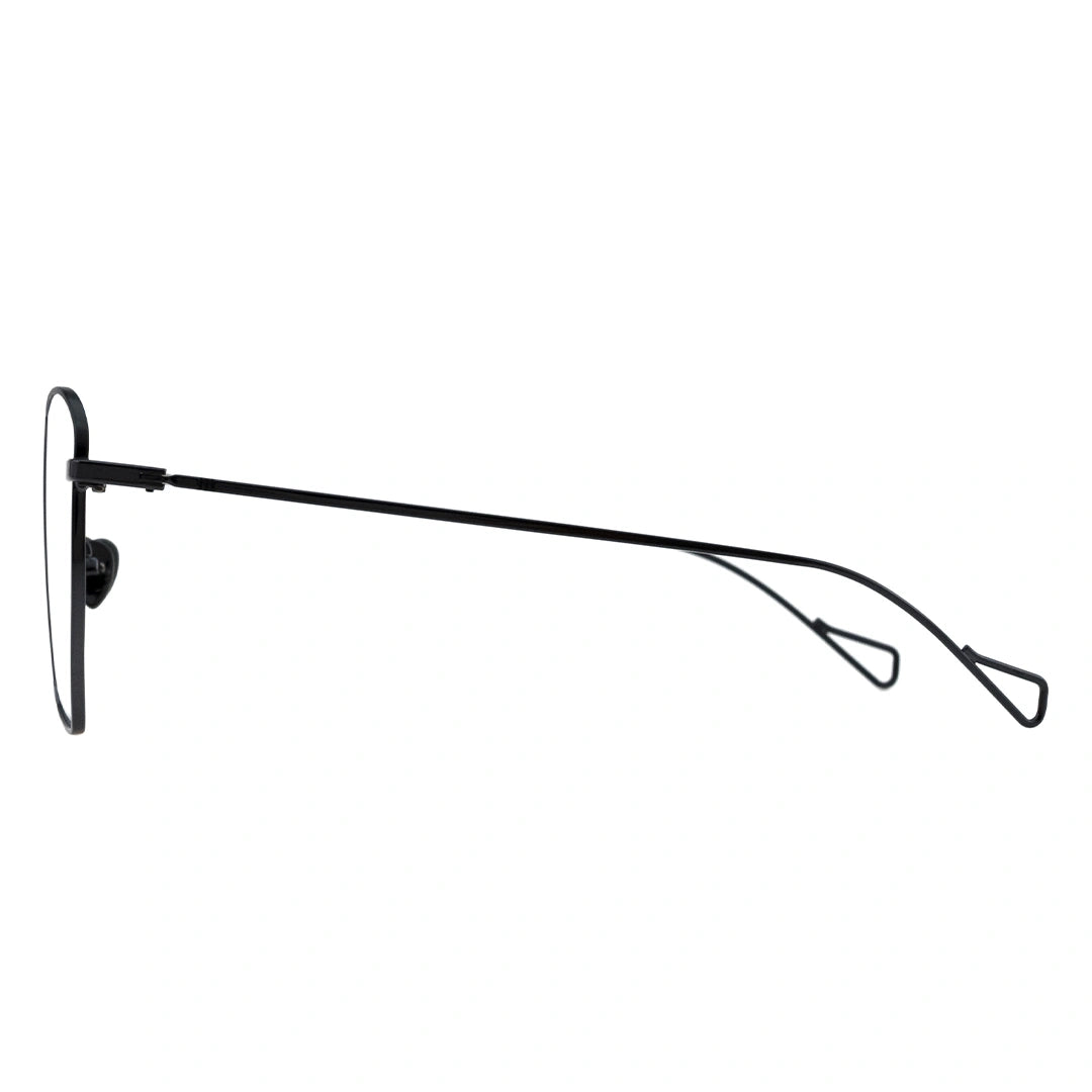 A pair of Browline eyeglasses with a black metal frame and clear lenses