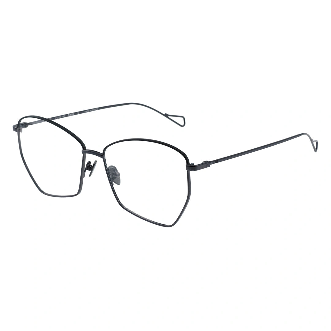 A pair of Browline eyeglasses with a black metal frame and clear lenses