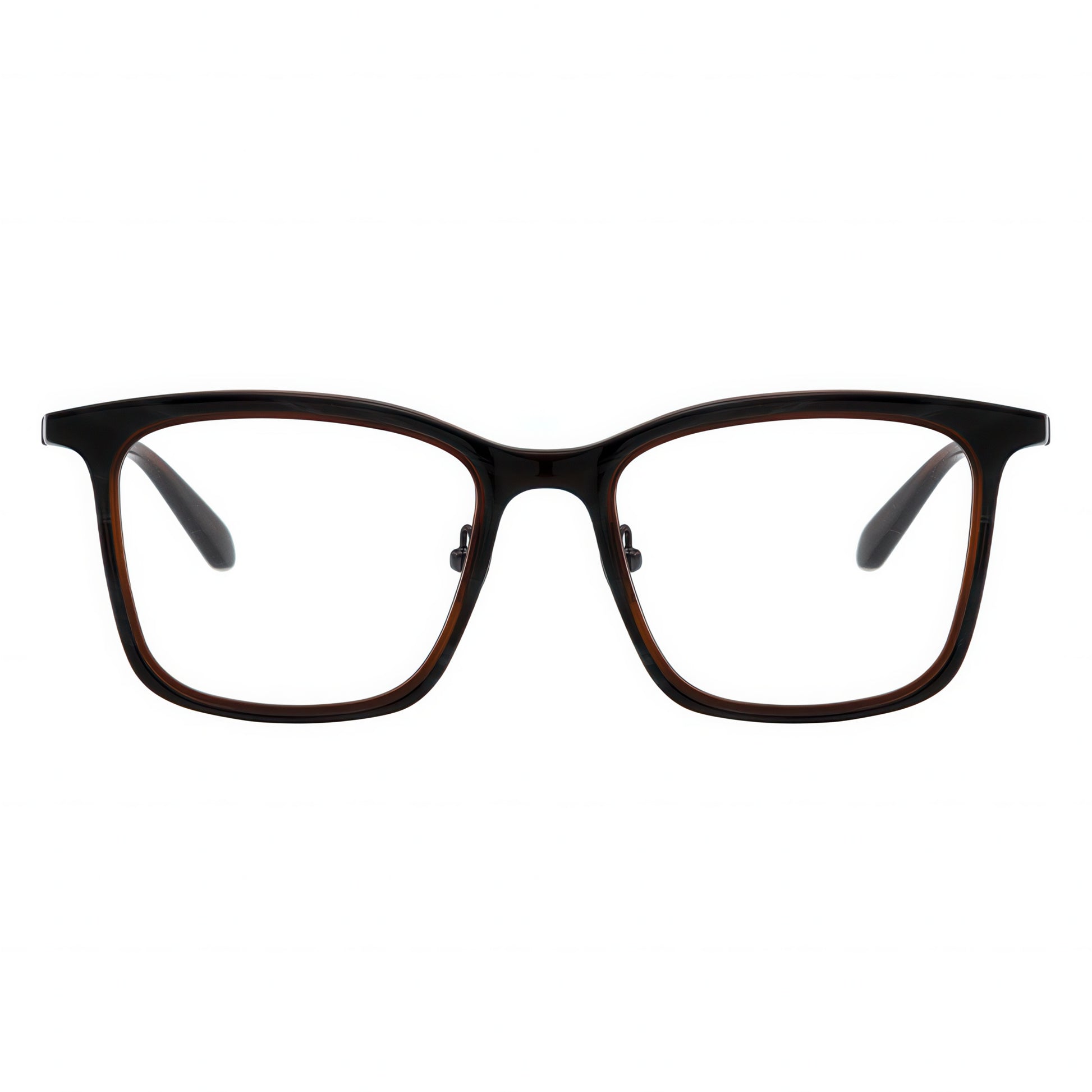 Front view of rectangular, two-tone gradient eyeglasses with gunmetal temples.