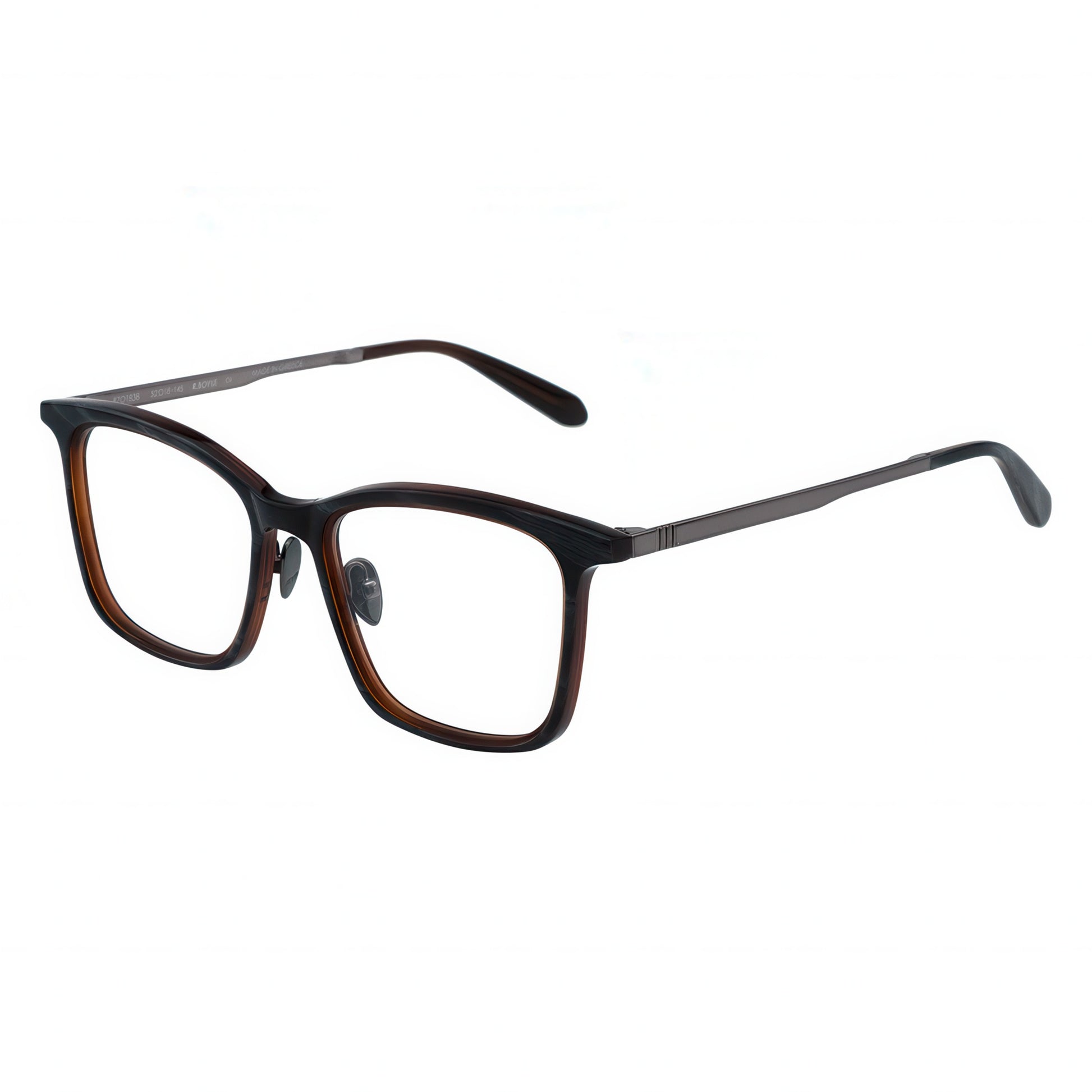 Three-quarter view of rectangular, two-tone gradient eyeglasses with gunmetal temples.
