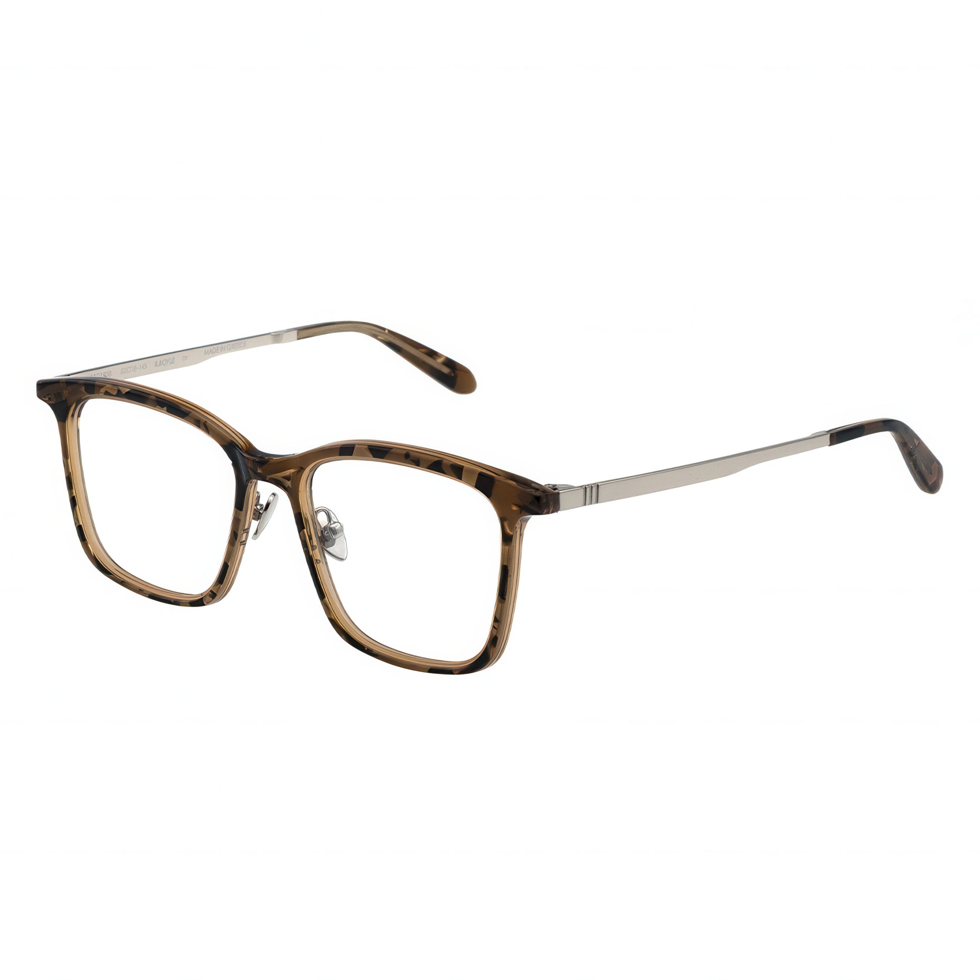 Three-quarter view of rectangular tortoiseshell glasses with bi-material temples (silver metal and tortoiseshell)