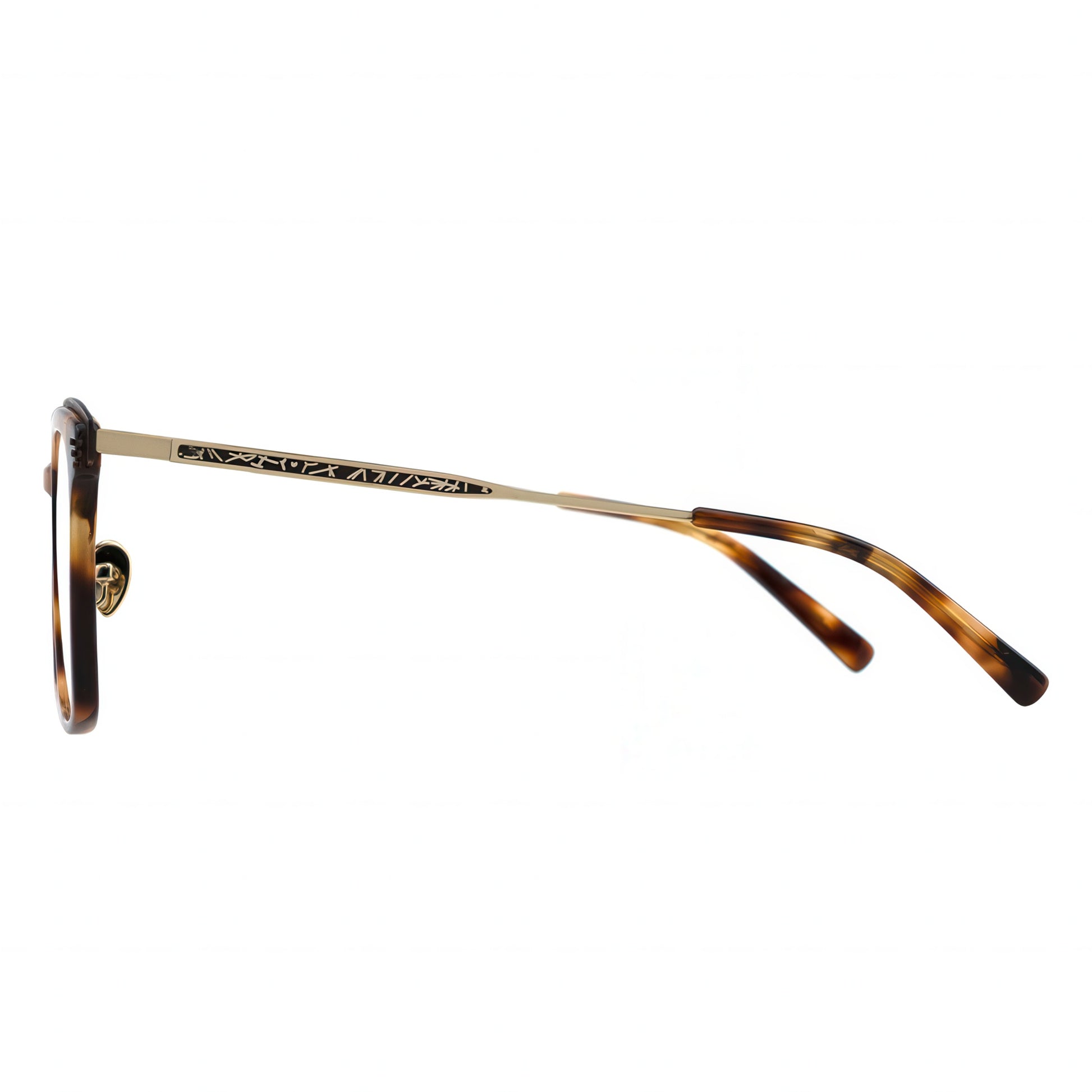 Tortoiseshell eyeglasses with gold accents on a white background
