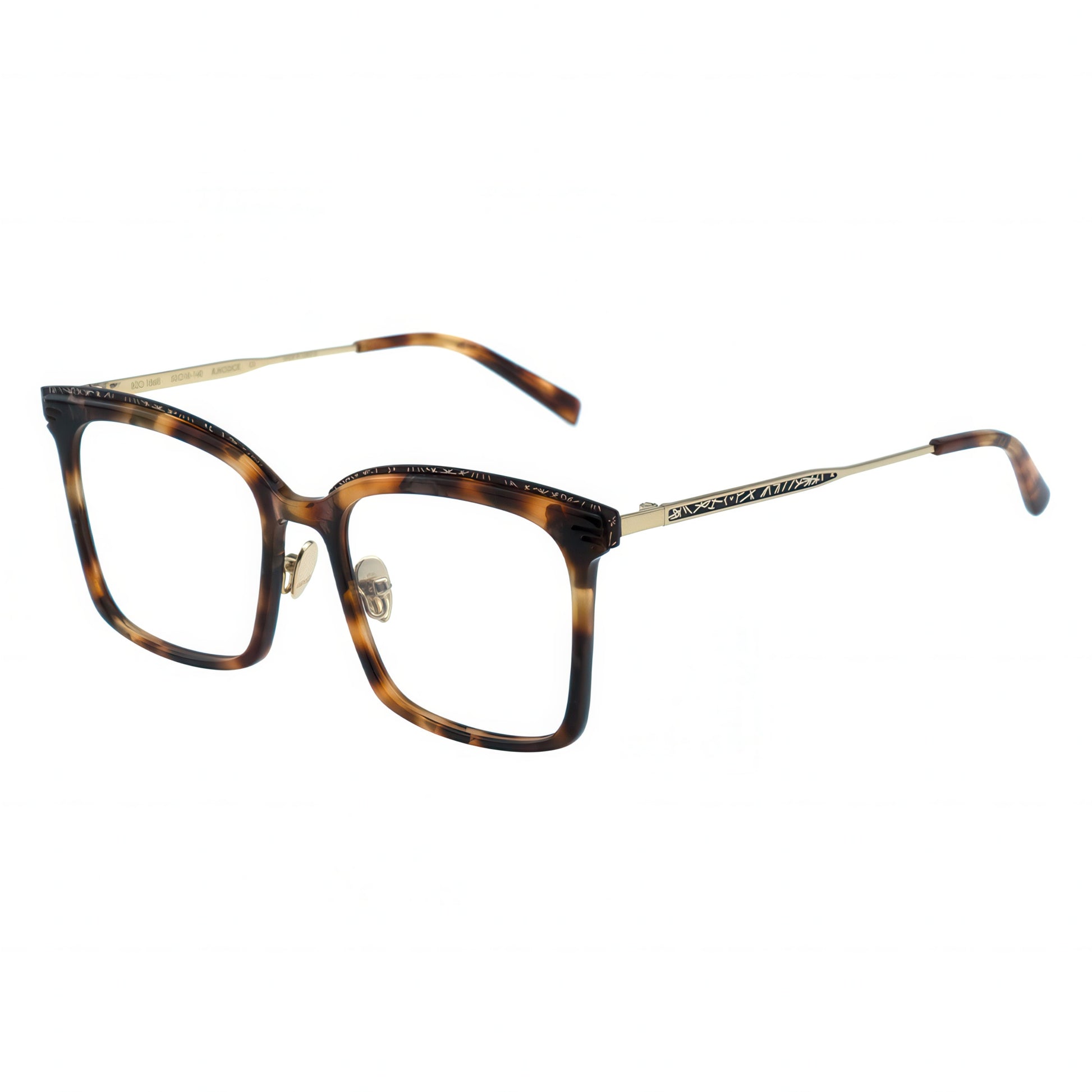 Tortoiseshell eyeglasses with gold accents on a white background
