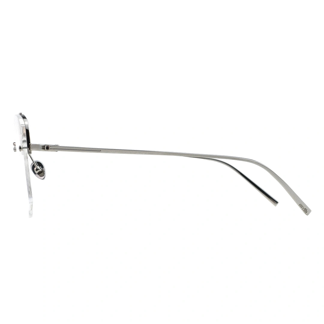 A pair of browline eyeglasses with a gold temple 