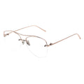 A pair of browline eyeglasses with a rose gold temple and half-rimless