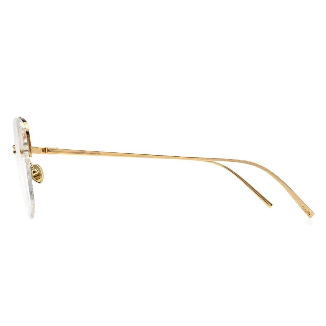 A pair of browline eyeglasses with a gold temple 