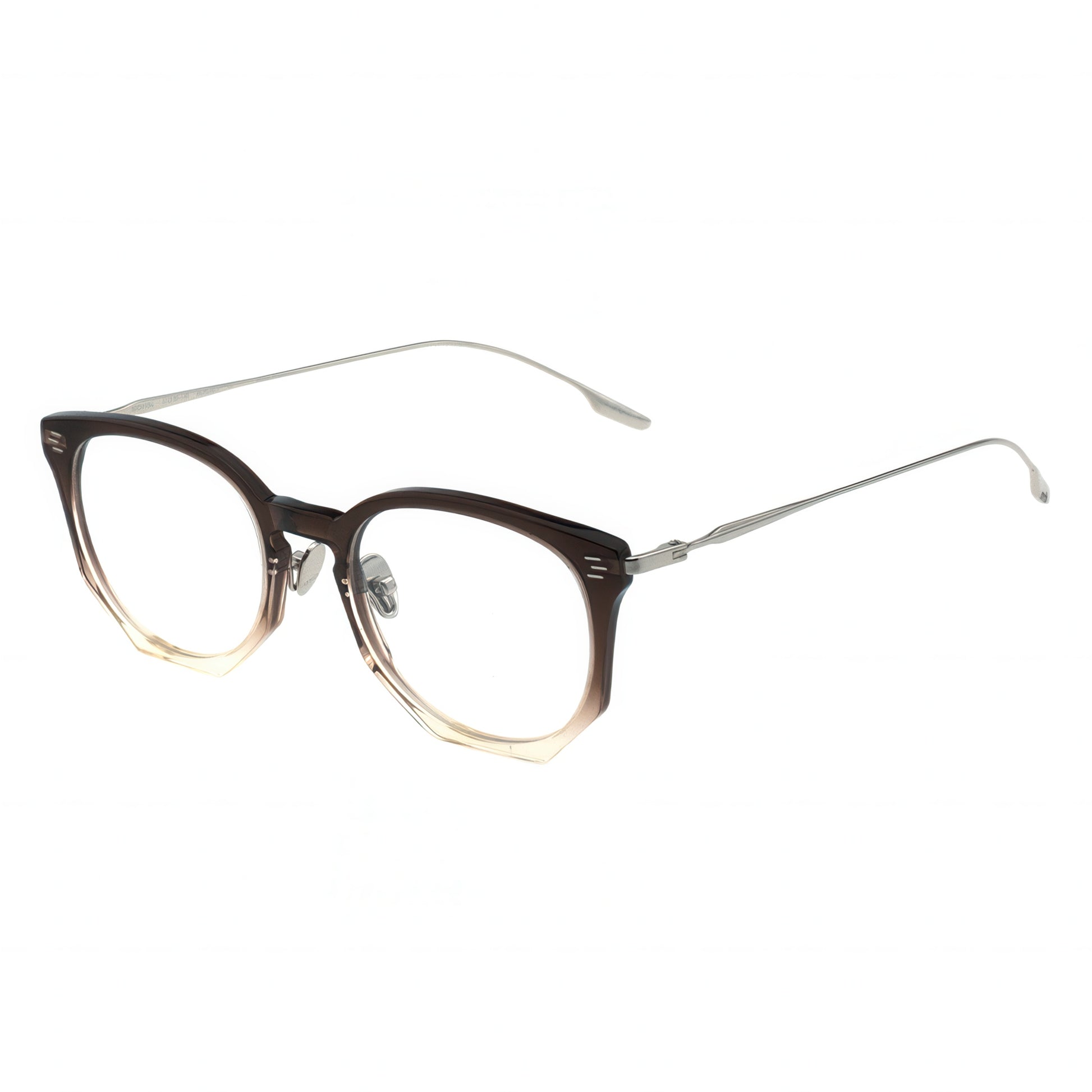 Eyeglasses with a brown frame and clear lenses on a white background