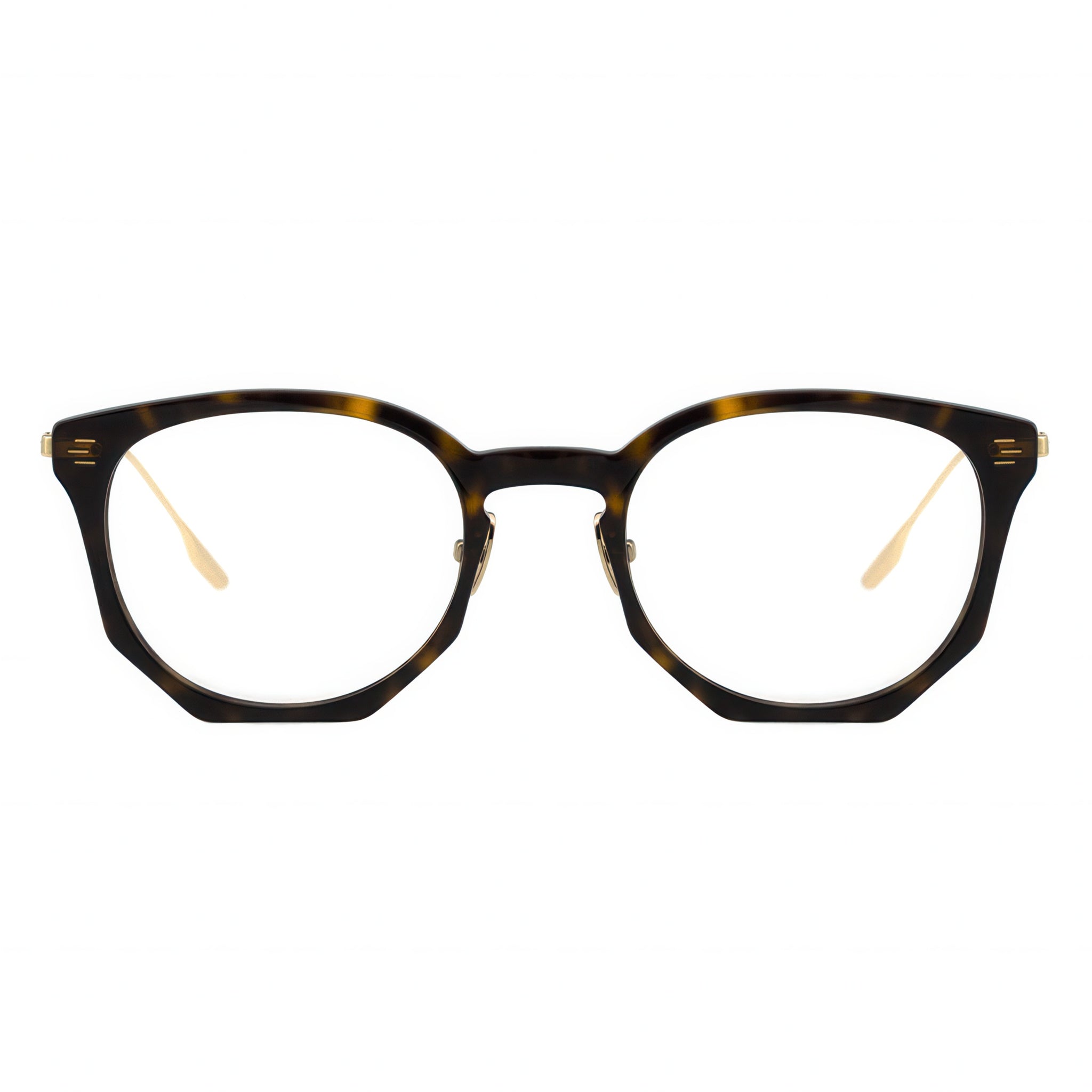 Tortoiseshell eyeglasses with gold accents on a white background