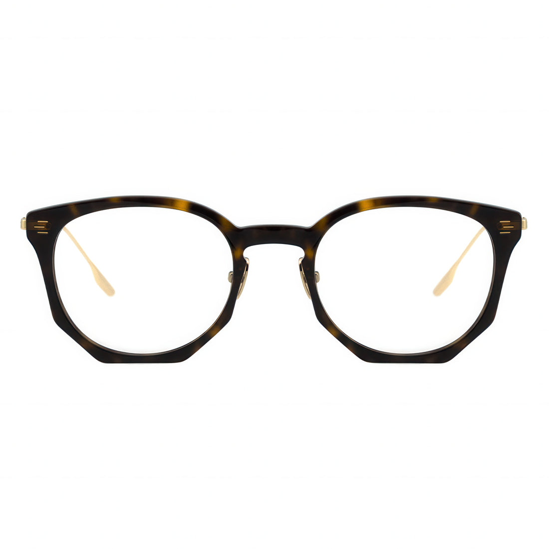 Tortoiseshell eyeglasses with gold accents on a white background