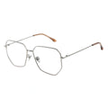 Silver eyeglasses with brown temple tips on a white background