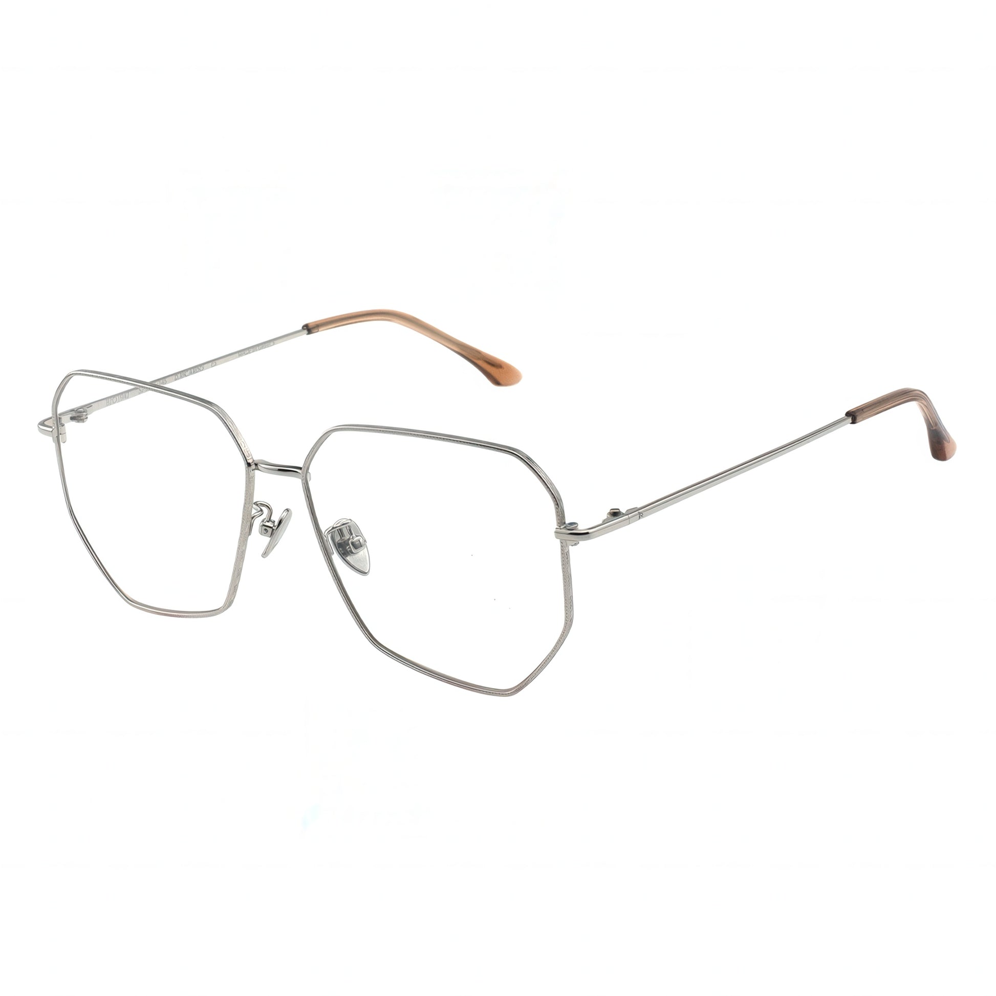 Silver eyeglasses with brown temple tips on a white background