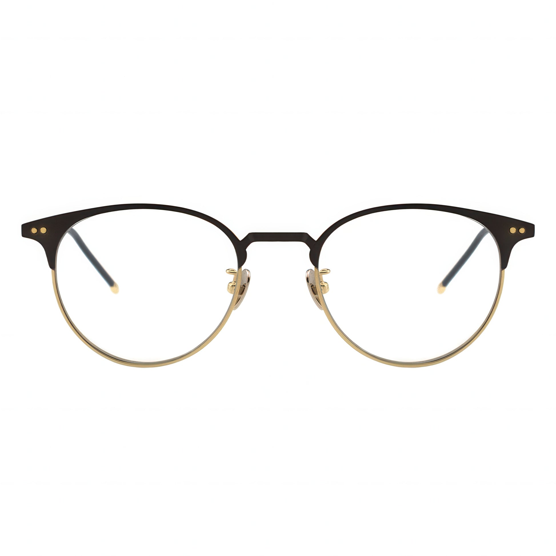 Black and gold eyeglasses on a white background
