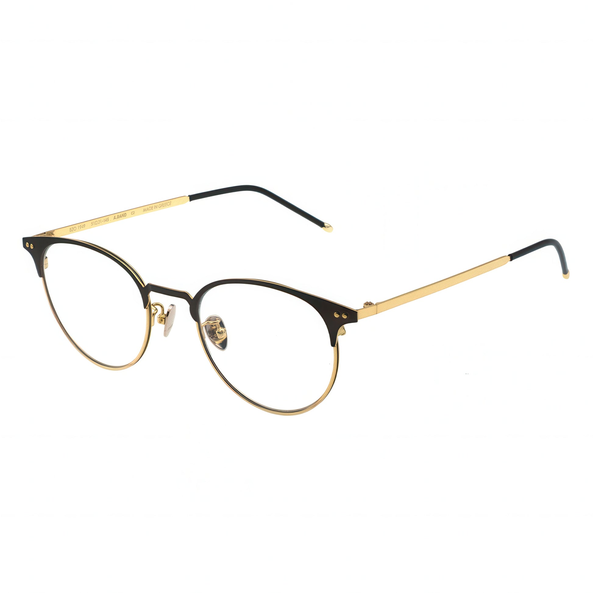 Black and gold eyeglasses on a white background